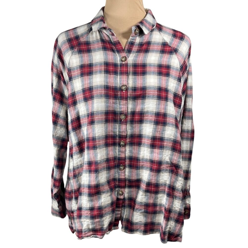 Juliana's Red Plaid Button Front Shirt Women's Long Sleeve Size L Large Cotton